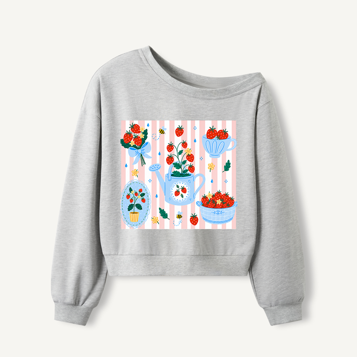 Strawberry Garden Harvest Print Off Shoulder Sweatshirts 