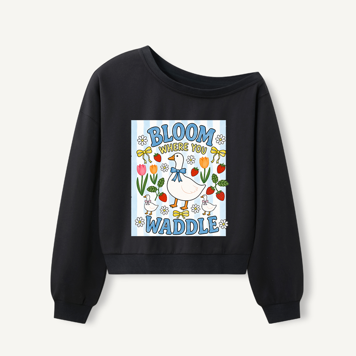 Strawberry Goose Garden Print Off Shoulder Sweatshirts 