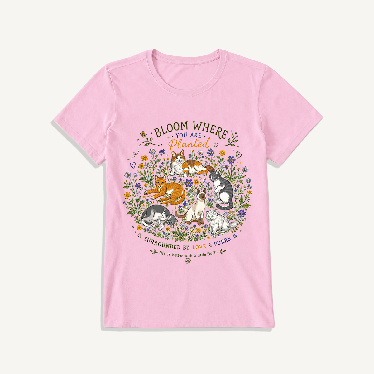 Blooming Cats & Wildflowers Print Crew Neck Cotton Tee