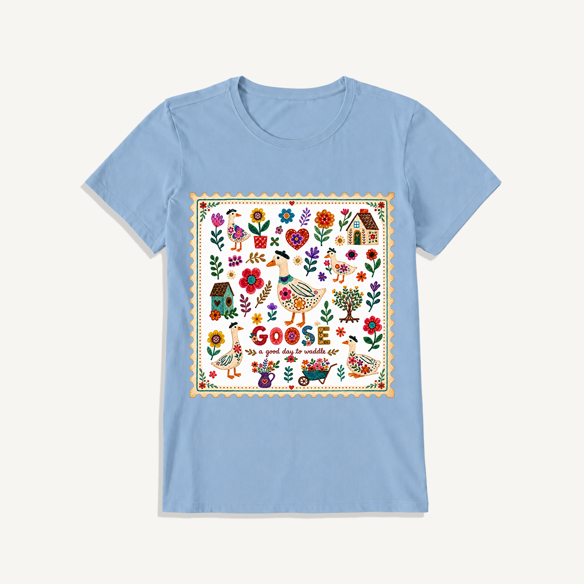 Floral Goose Garden Print Crew Neck Cotton Tee