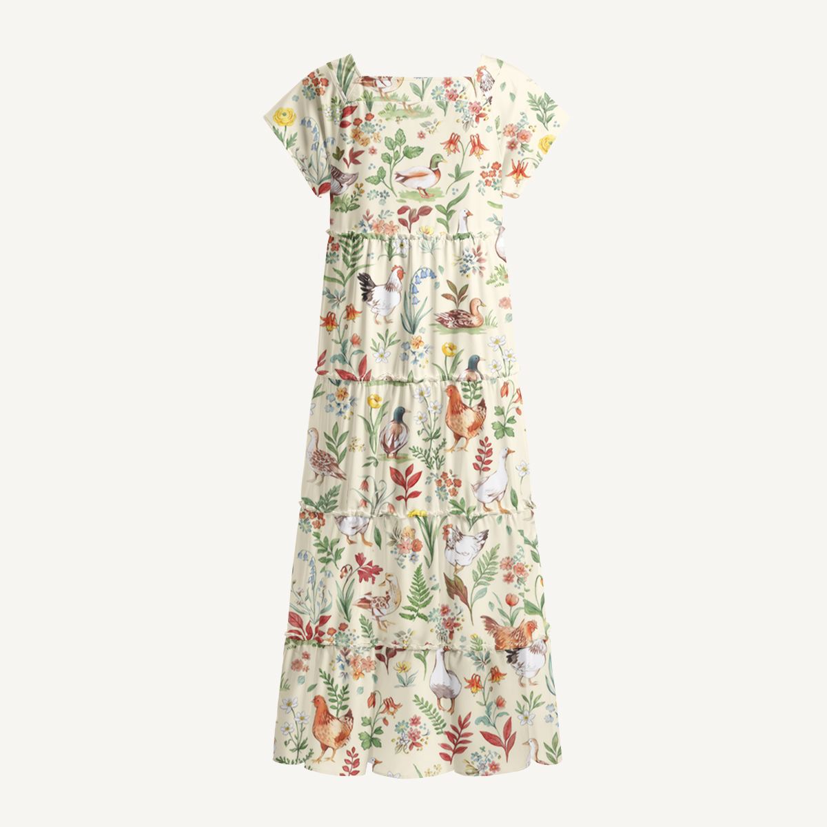Countryside Garden Critter Square Neckline Cap Sleeve Maxi Dress