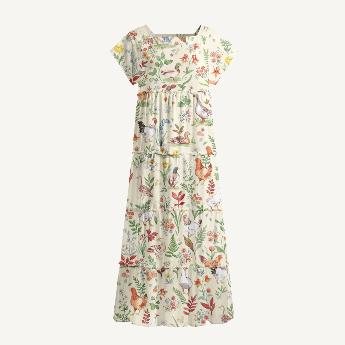 Countryside Garden Critter Square Neckline Cap Sleeve Maxi Dress