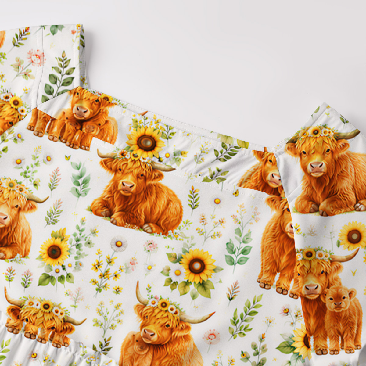 Spring Highland Cow Floral Square Neckline Cap Sleeve Maxi Dress