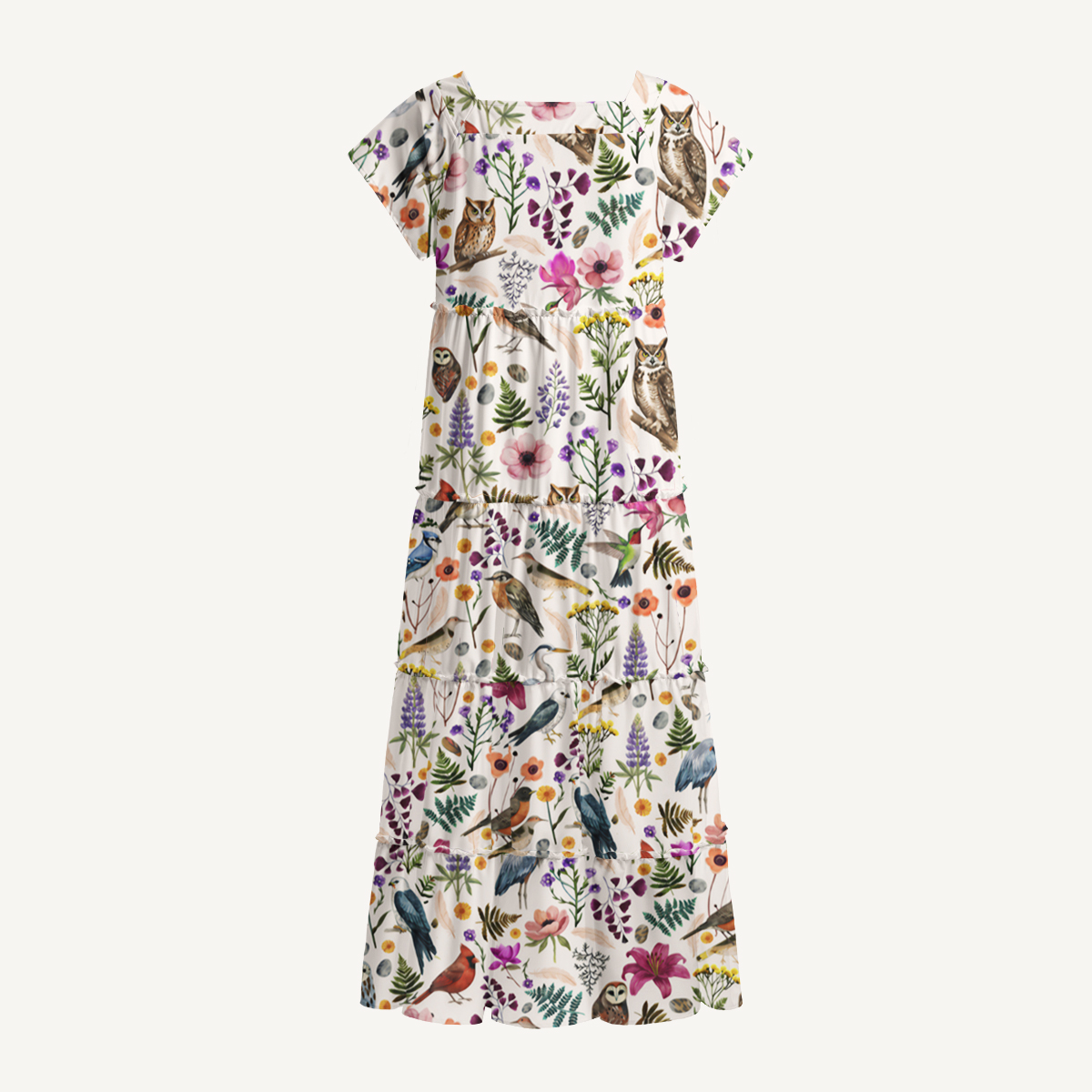 Whimsical Woodland Birds Wildflowers Square Neckline Cap Sleeve Maxi Dress