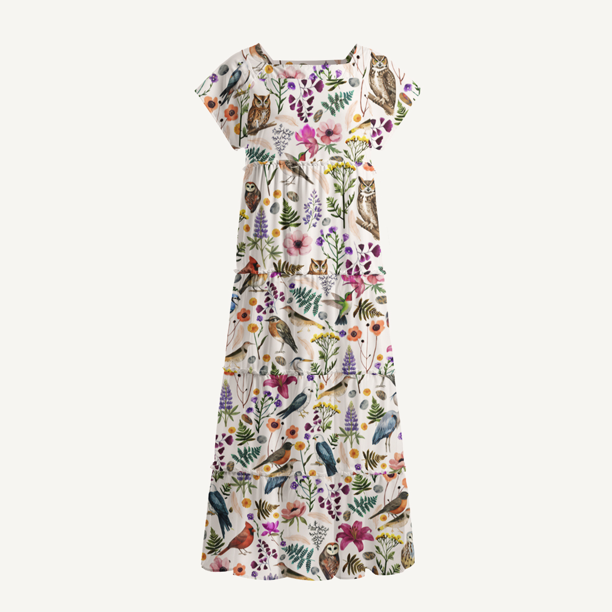 Whimsical Woodland Birds Wildflowers Square Neckline Cap Sleeve Maxi Dress