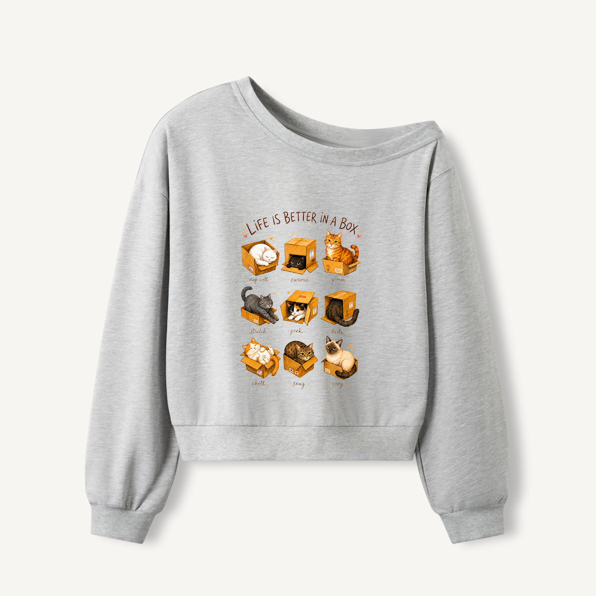 Cats In Boxes Print Off Shoulder Sweatshirts 