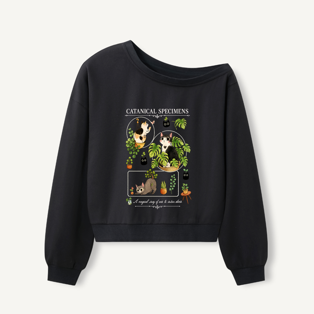 Catanical Botanical Study Print Off Shoulder Sweatshirts 