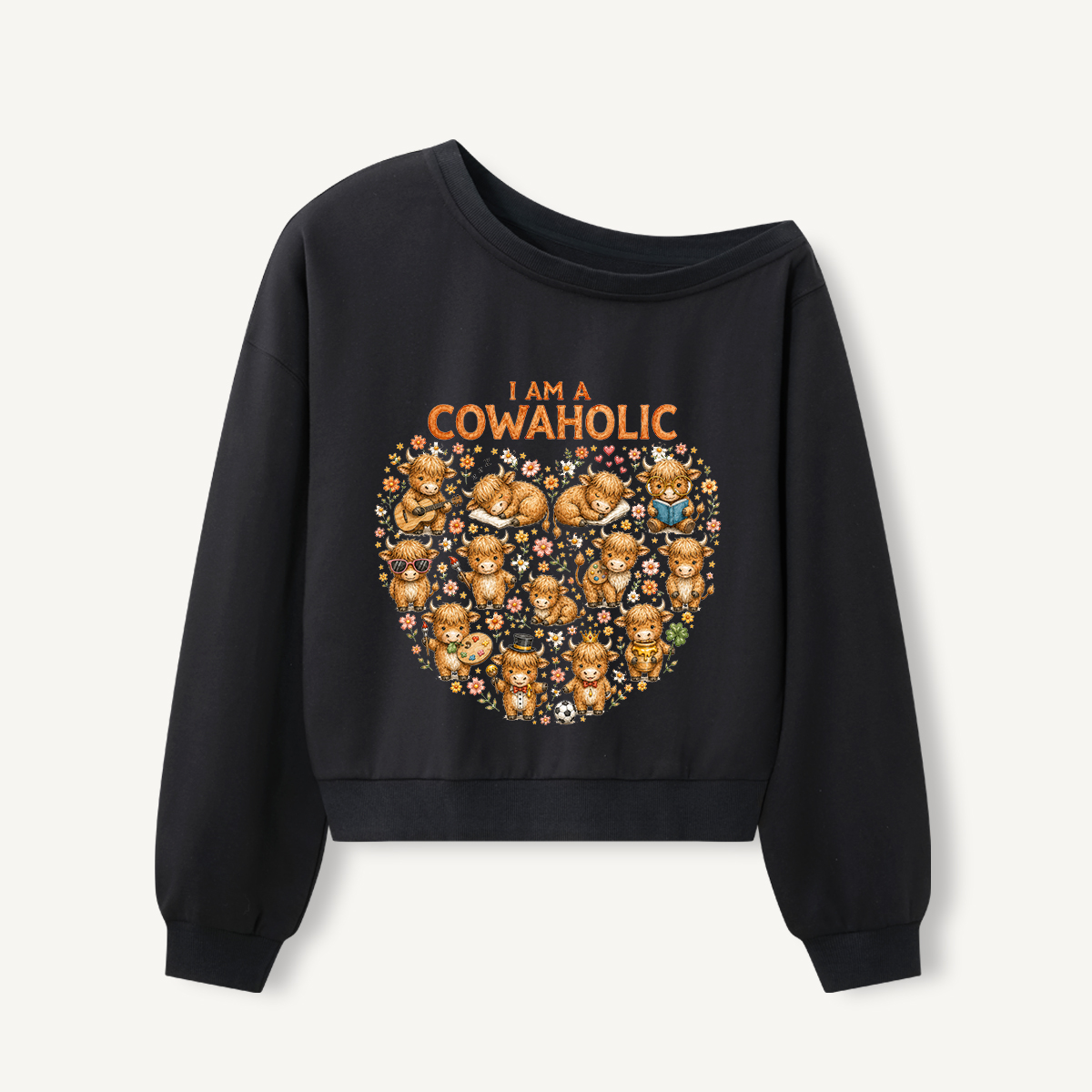 Sweet Highland Love Print Off Shoulder Sweatshirts 