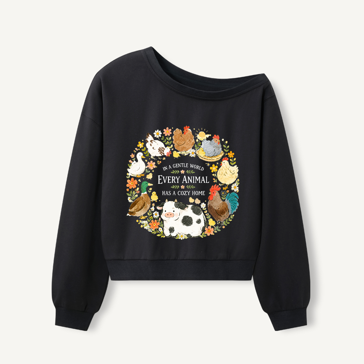 Gentle World Animals Print Off Shoulder Sweatshirts 