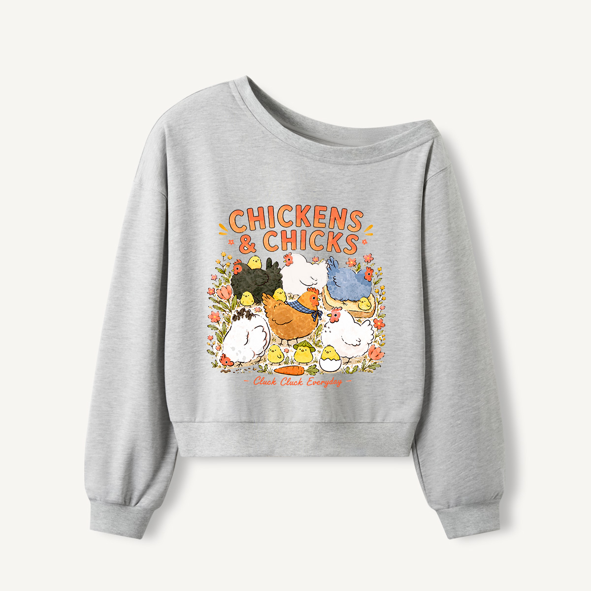 Cluck Cluck Everyday Print Off Shoulder Sweatshirts 