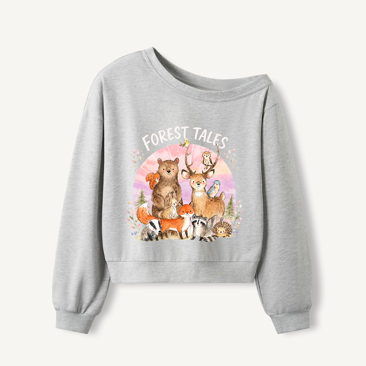 Forest Tales Friends Print Off Shoulder Sweatshirts 