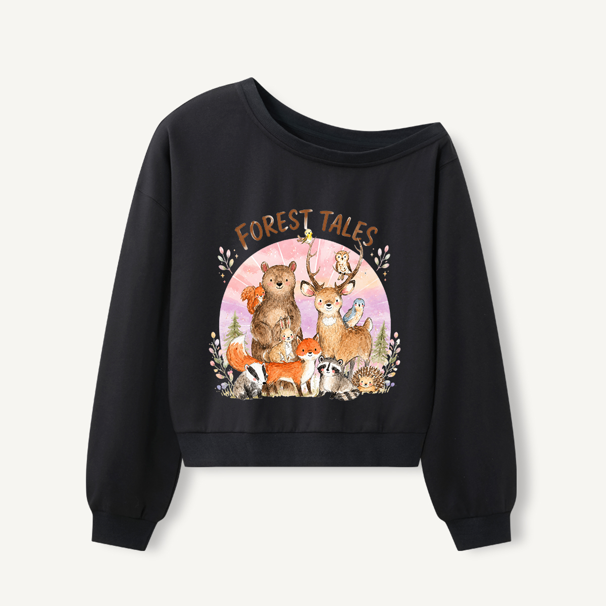 Forest Tales Friends Print Off Shoulder Sweatshirts 