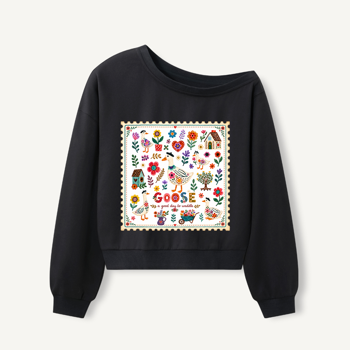 Floral Goose Garden Print Off Shoulder Sweatshirts 
