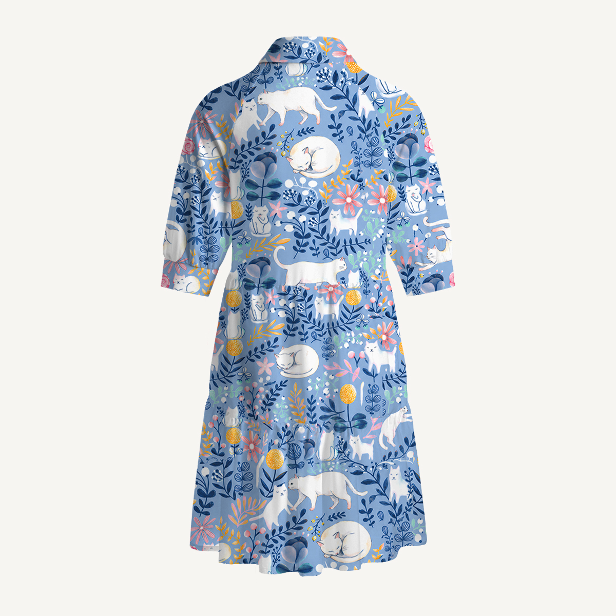 V Neck Collared Blue Leaf Cat Mini Dress For Women With Pockets