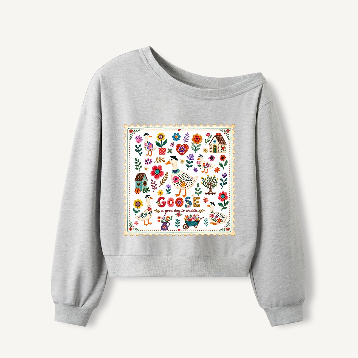 Floral Goose Garden Print Off Shoulder Sweatshirts 