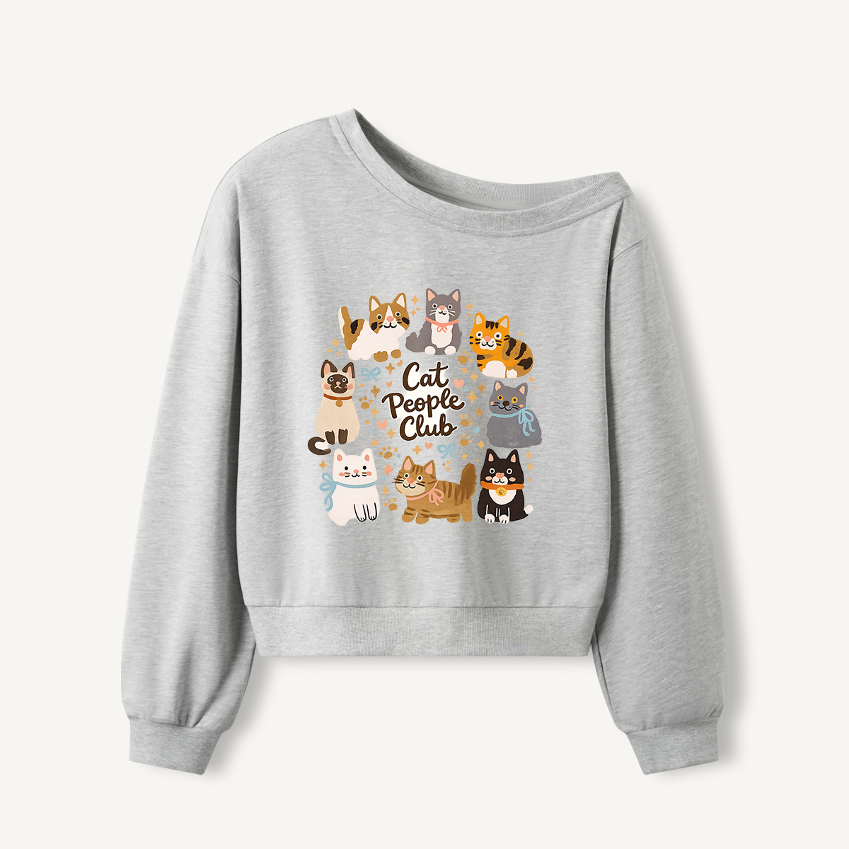 Cat People Club Print Off Shoulder Sweatshirts 
