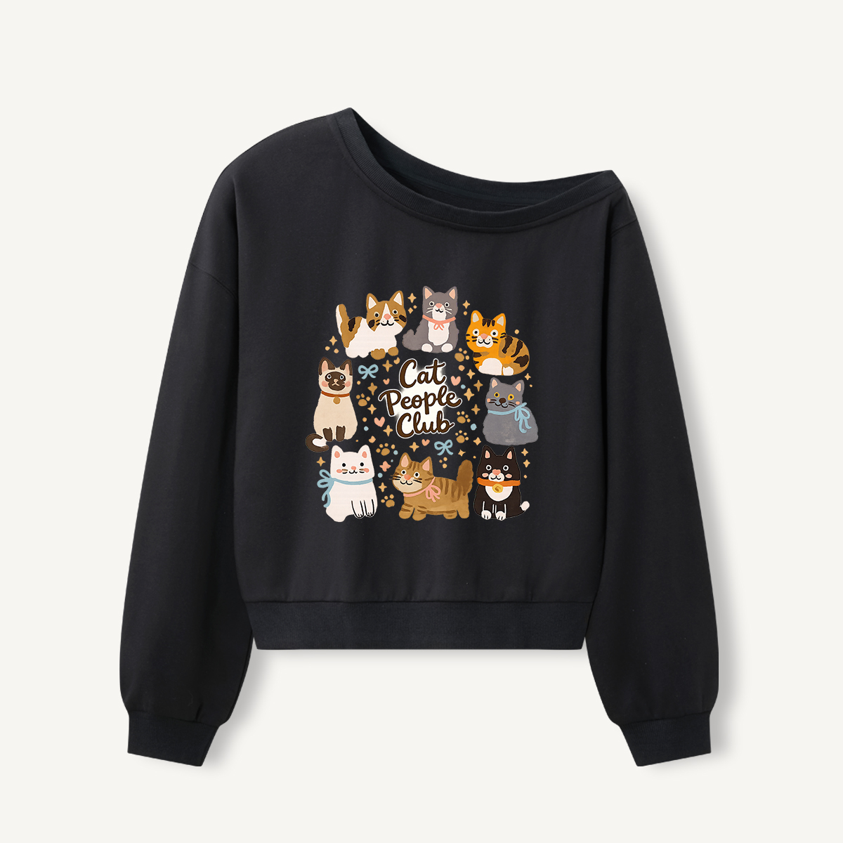 Cat People Club Print Off Shoulder Sweatshirts 