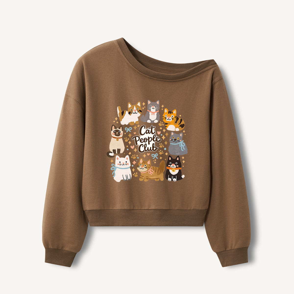 Cat People Club Print Off Shoulder Sweatshirts 