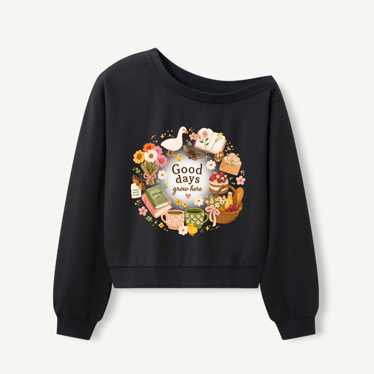 Good Days Grow Print Off Shoulder Sweatshirts 