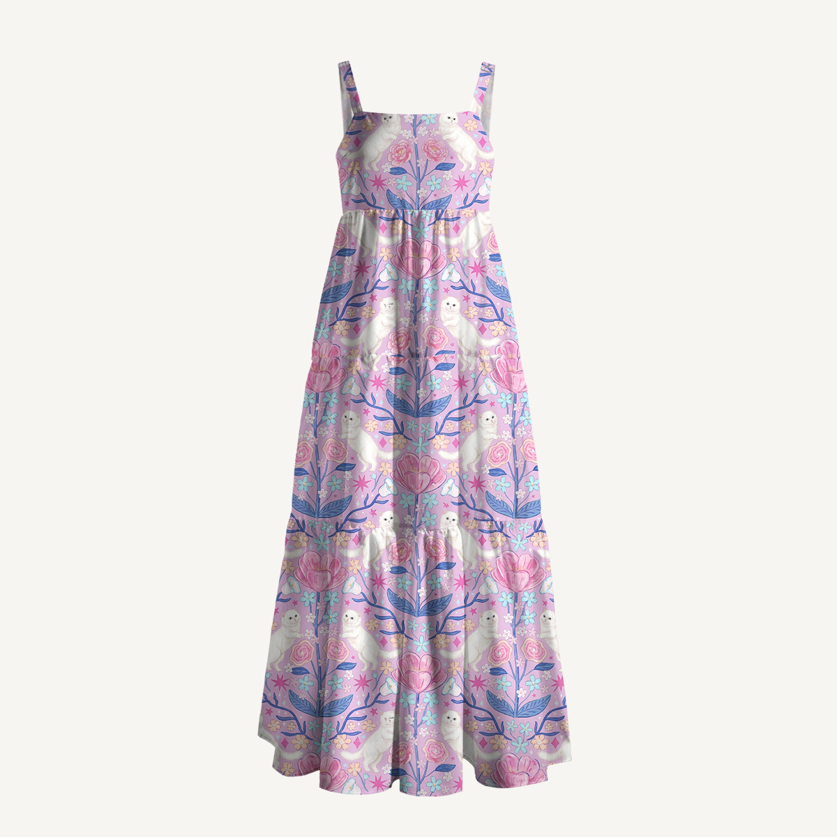 Cute White Cat Print Wide Straps Maxi Dress With Pockets