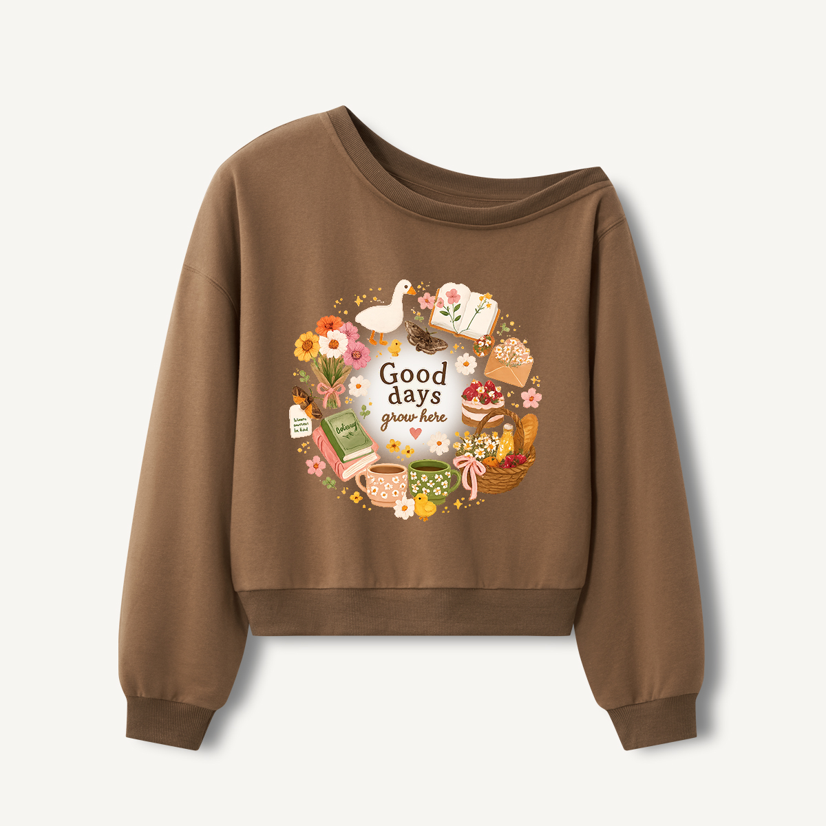 Good Days Grow Print Off Shoulder Sweatshirts 