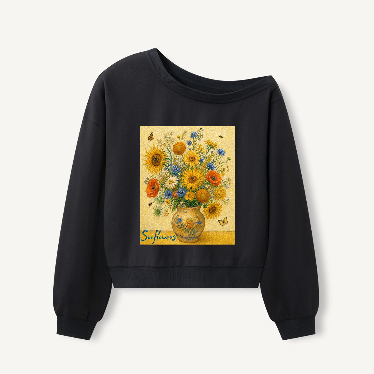 Sunflower Bouquet Print Off Shoulder Sweatshirts 