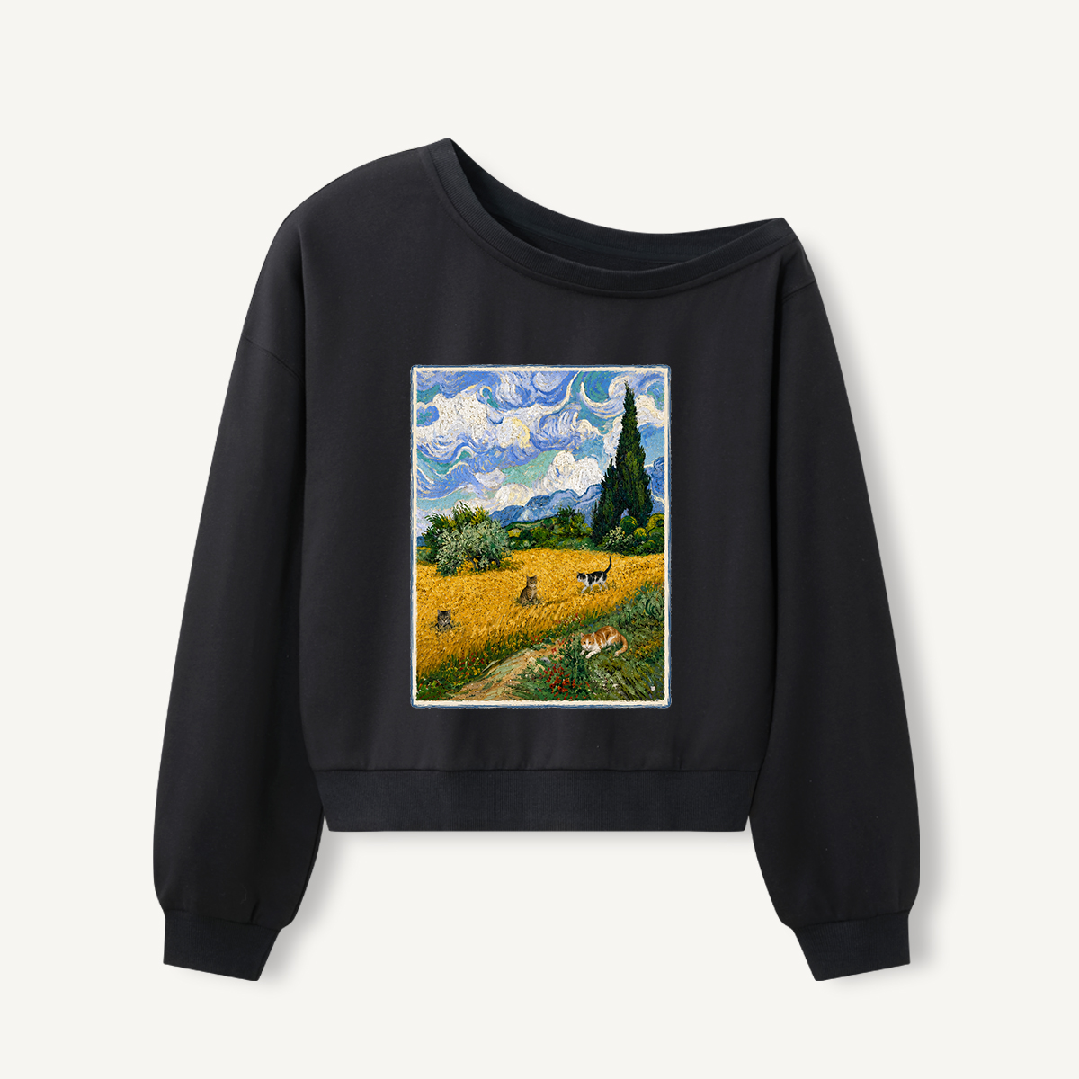 Starry Cat Meadow Print Off Shoulder Sweatshirts 