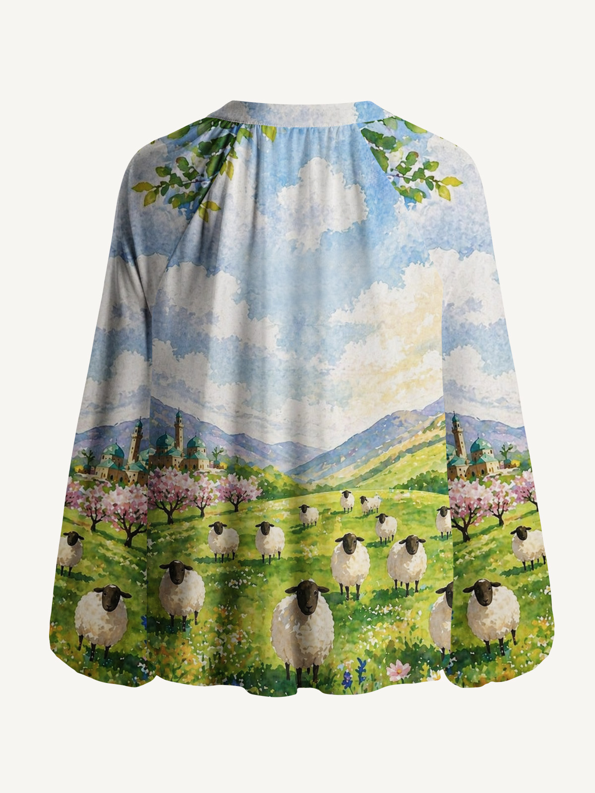Spring Meadow Sheep and Blossoms Landscape Print Boho Long Sleeve Tie‑Neck Blouse