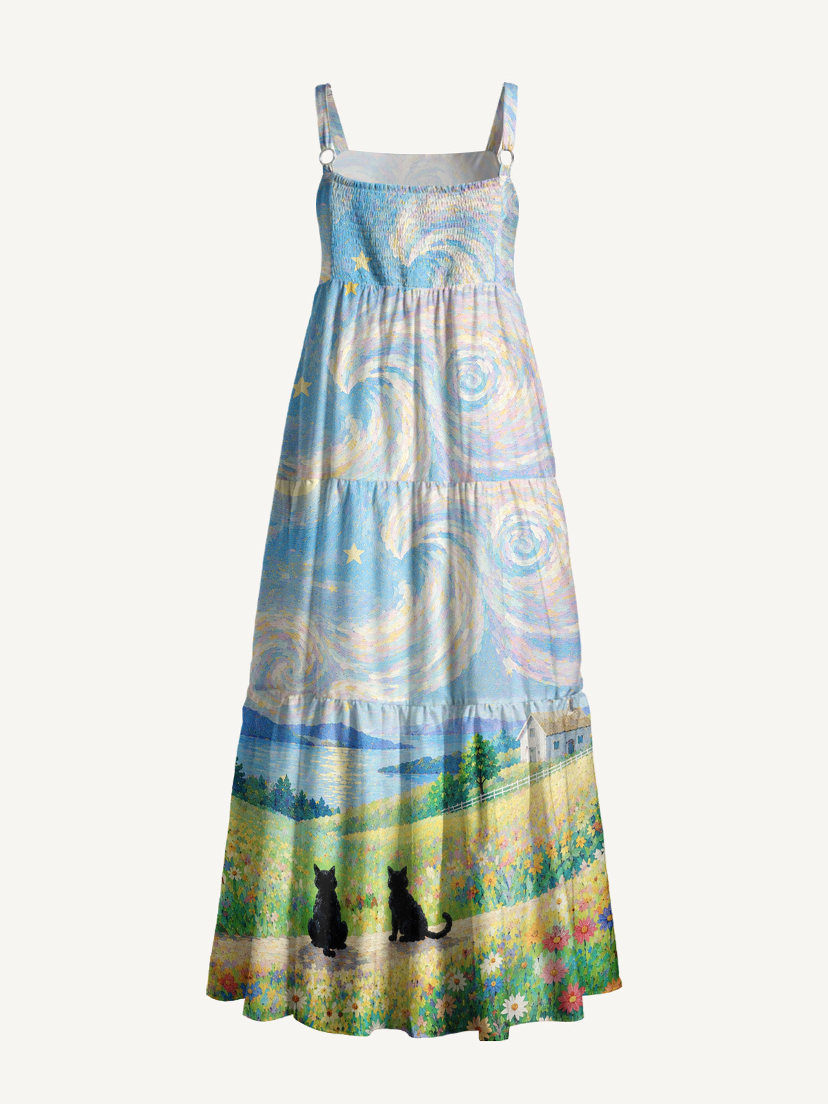 Starry Village Cat Print Wide Straps Maxi Dress With Pockets