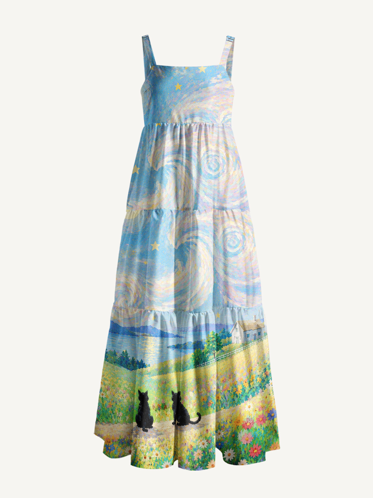 Starry Village Cat Print Wide Straps Maxi Dress With Pockets