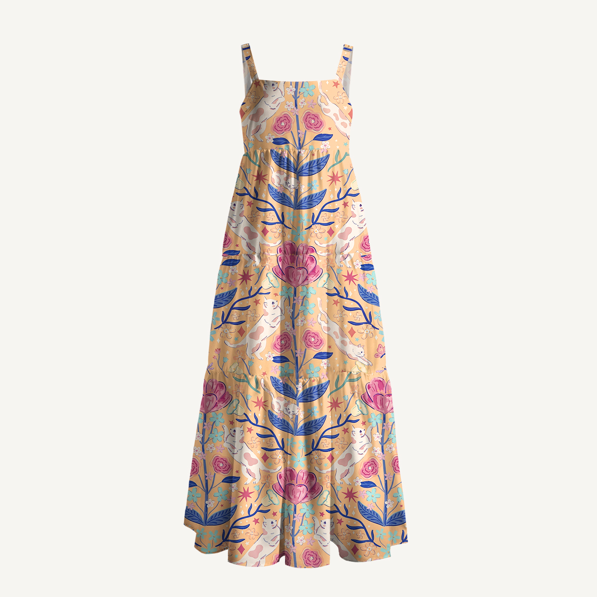 Cat in Secret Garden Print Wide Straps Maxi Dress With Pockets