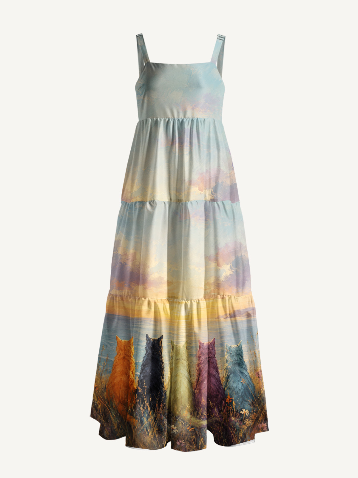 Sunset Cat Garden Art Print Wide Straps Maxi Dress With Pockets
