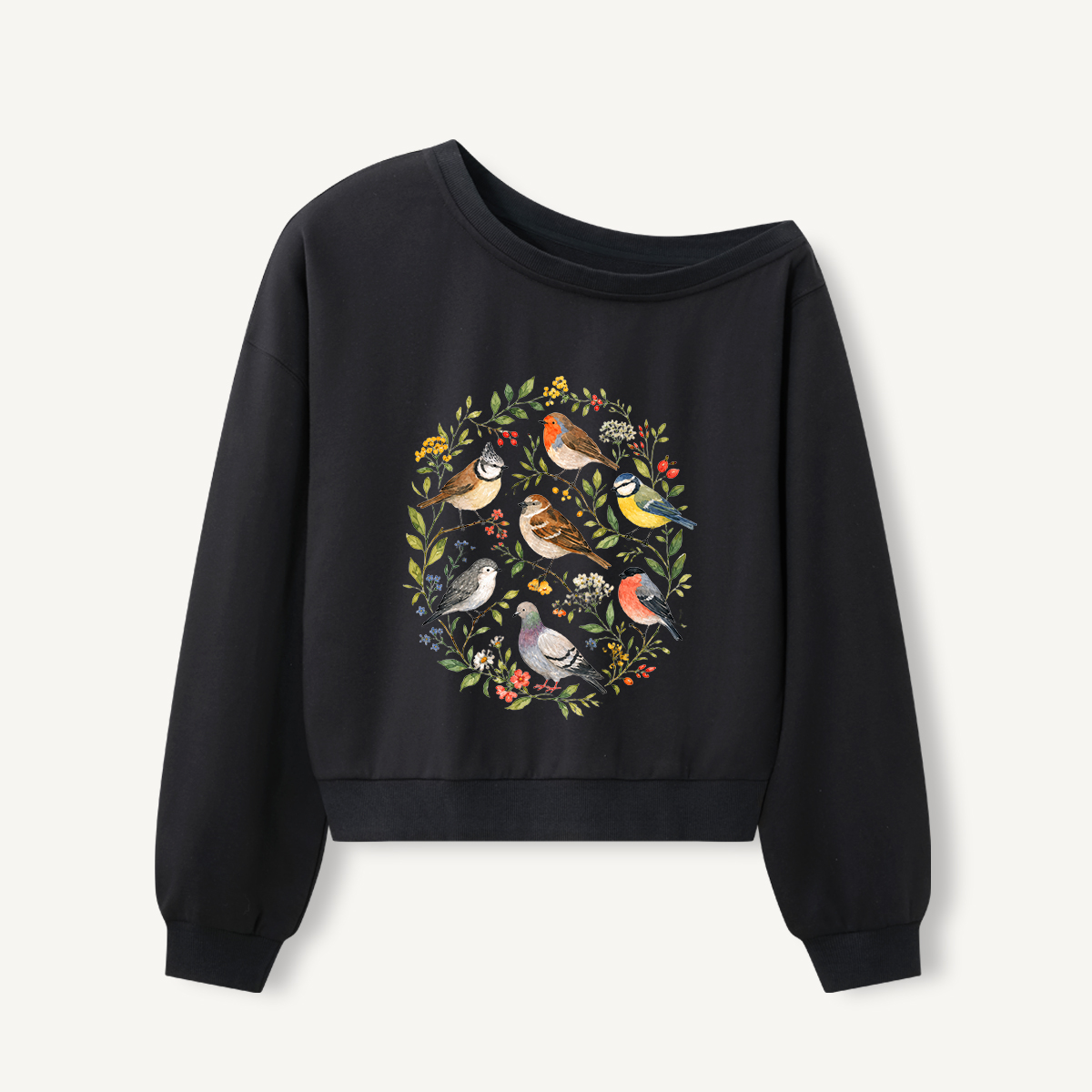 Botanical Birds Wreath Print Off Shoulder Sweatshirts 