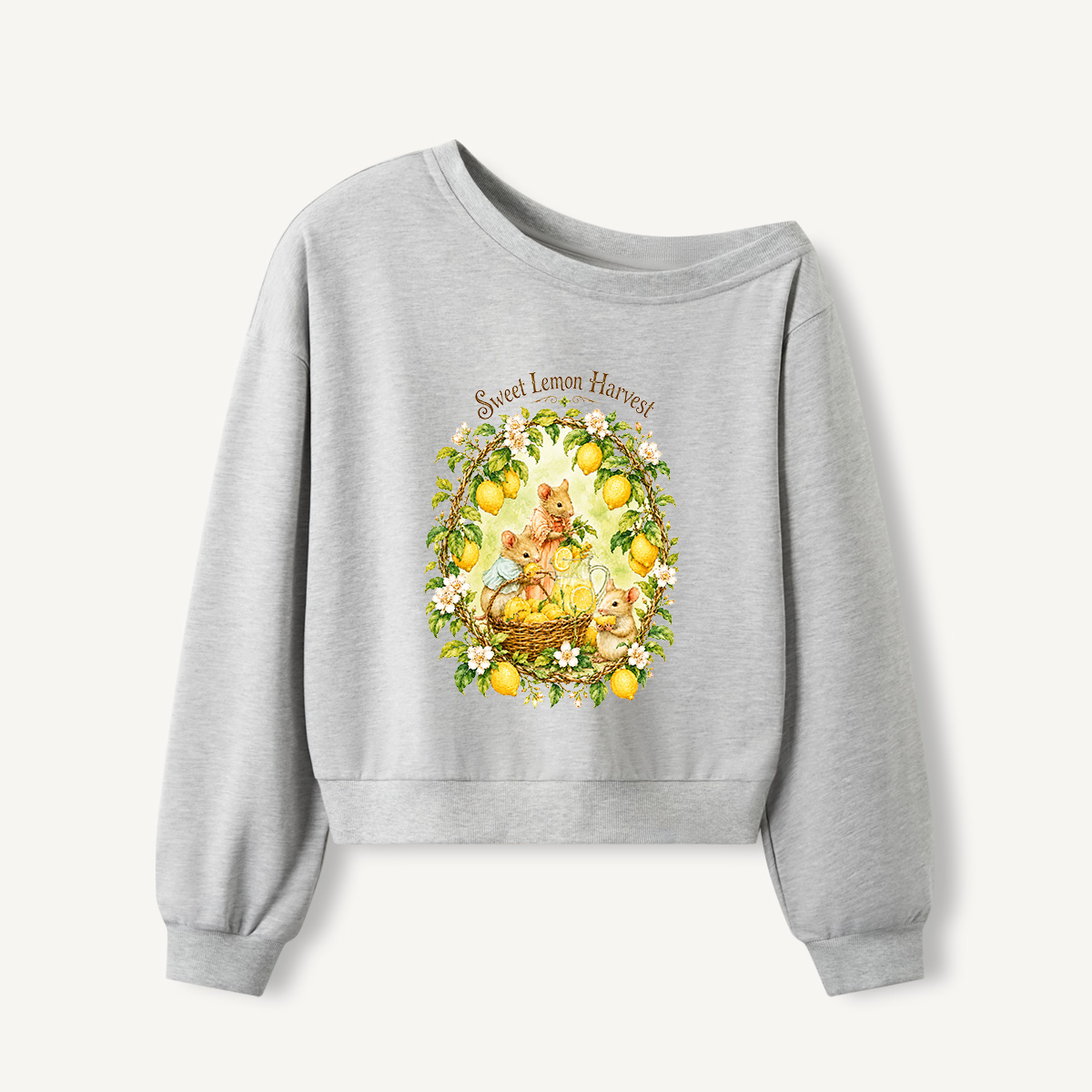 Sweet Lemon Harvest Print Off Shoulder Sweatshirts 