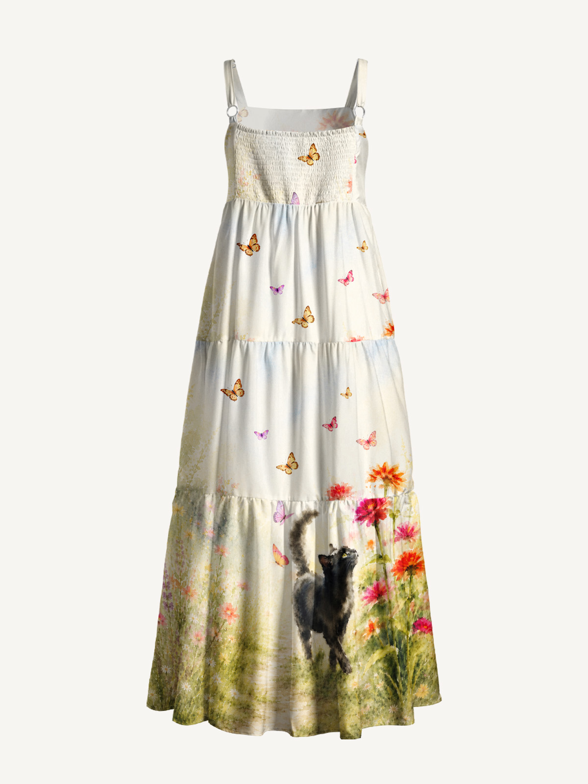 Countryside Garden Critter Print Wide Straps Maxi Dress With