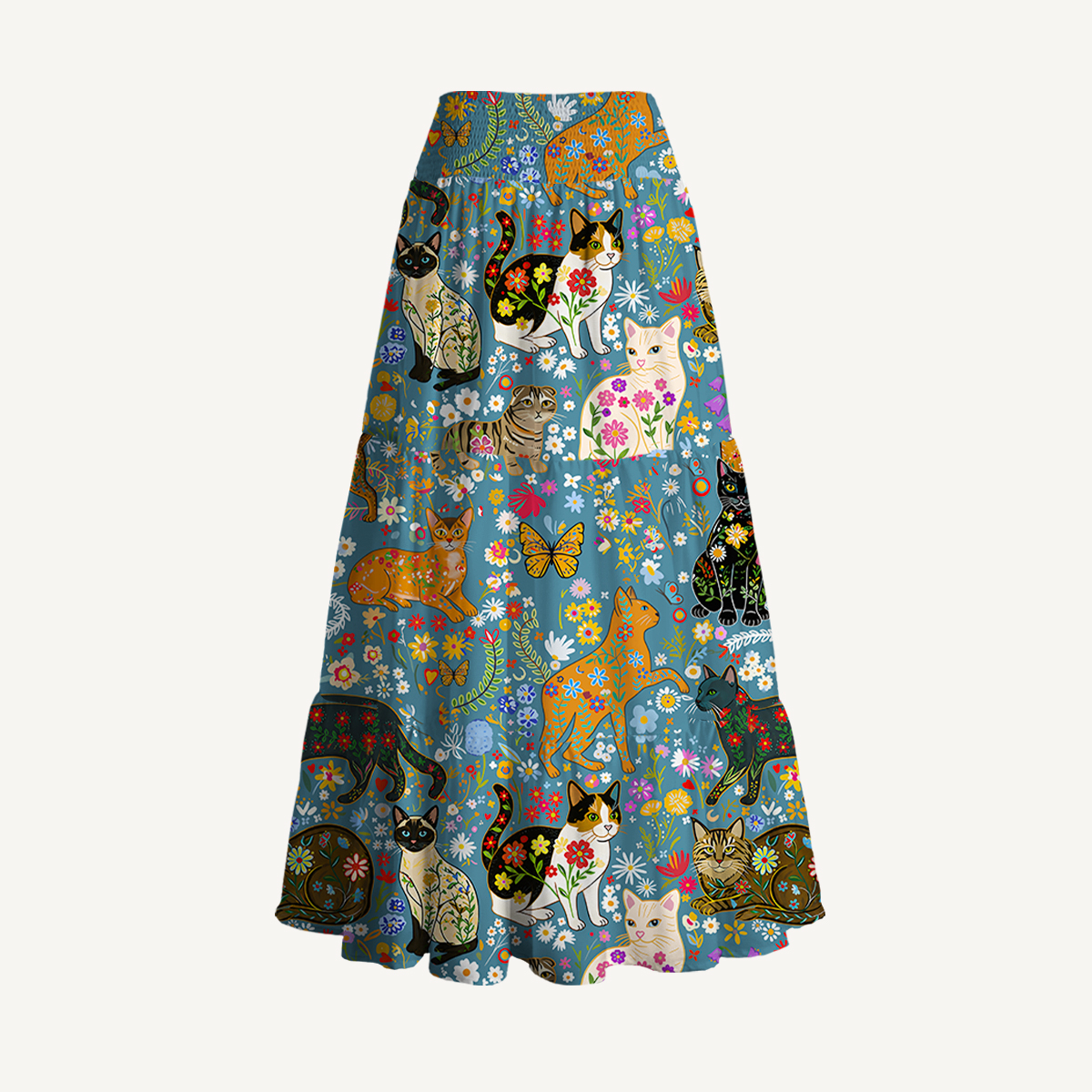 Colorful Garden Cat Print Convertible Maxi Skirt & Strapless Dress  