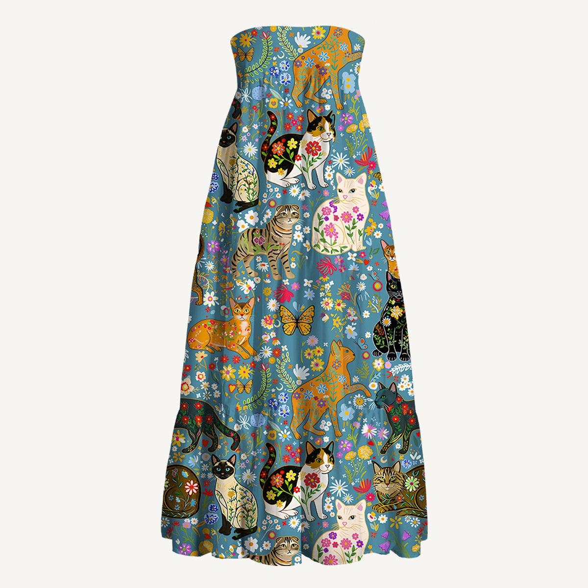 Colorful Garden Cat Print Convertible Maxi Skirt & Strapless Dress  
