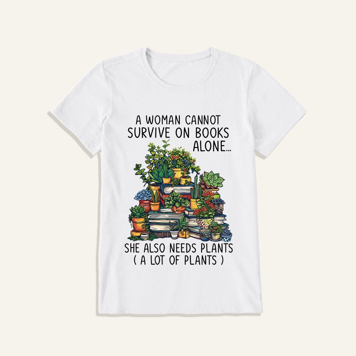 Books and Potted Plants Print Crew Neck Cotton Tee