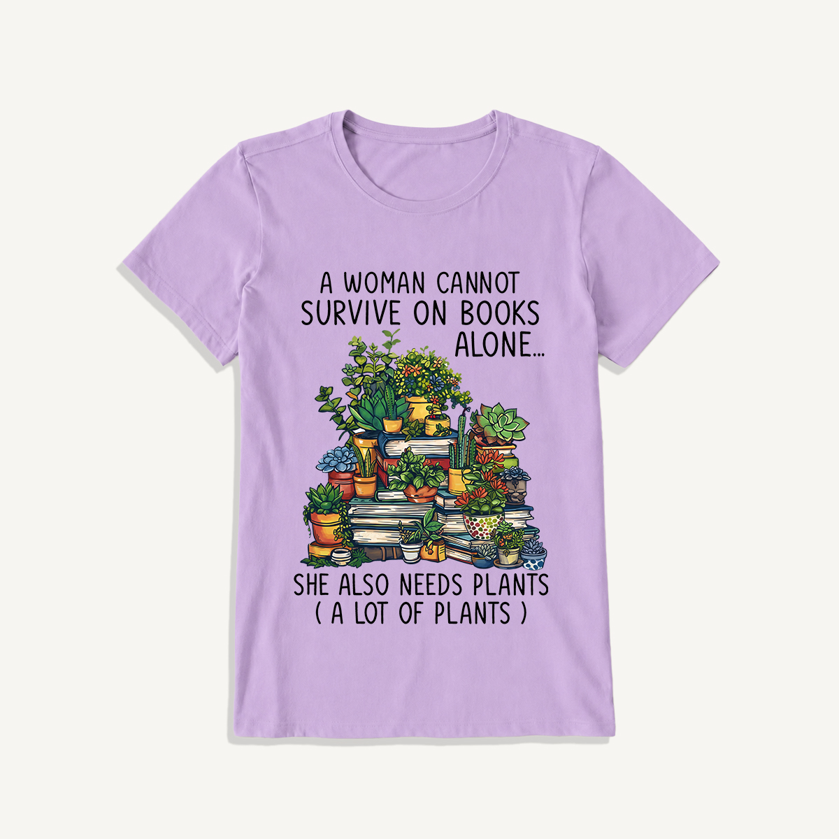 Books and Potted Plants Print Crew Neck Cotton Tee