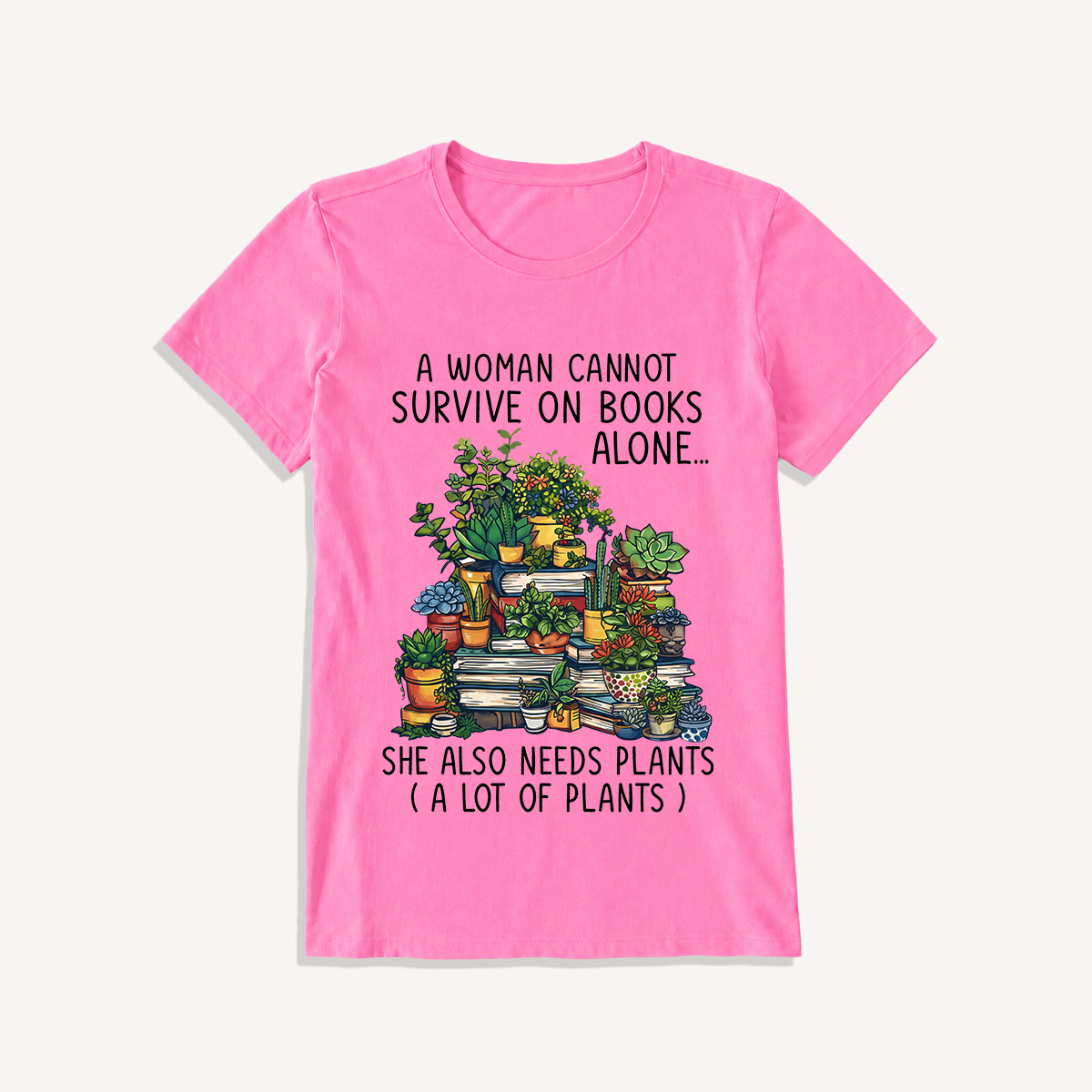 Books and Potted Plants Print Crew Neck Cotton Tee