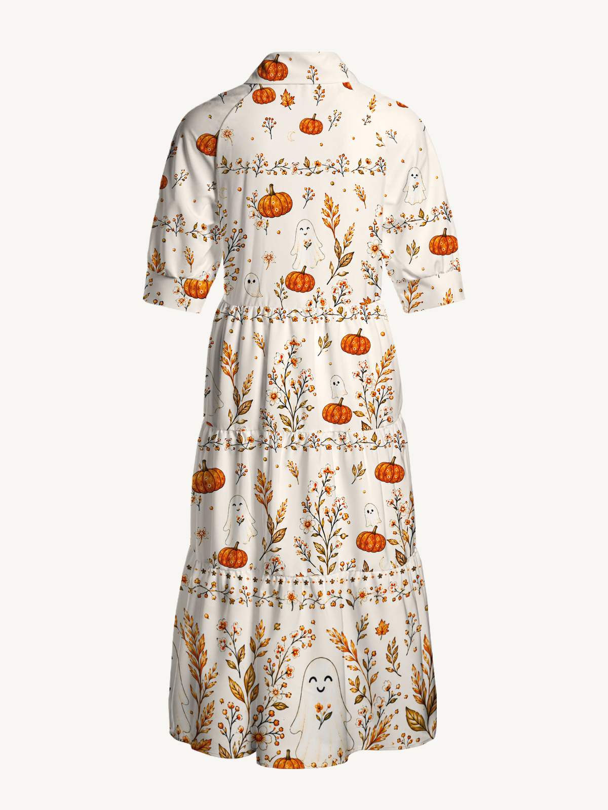 V Neck Collared Pumpkin Ghost Cottage Print Casual Midi Dress With Pockets