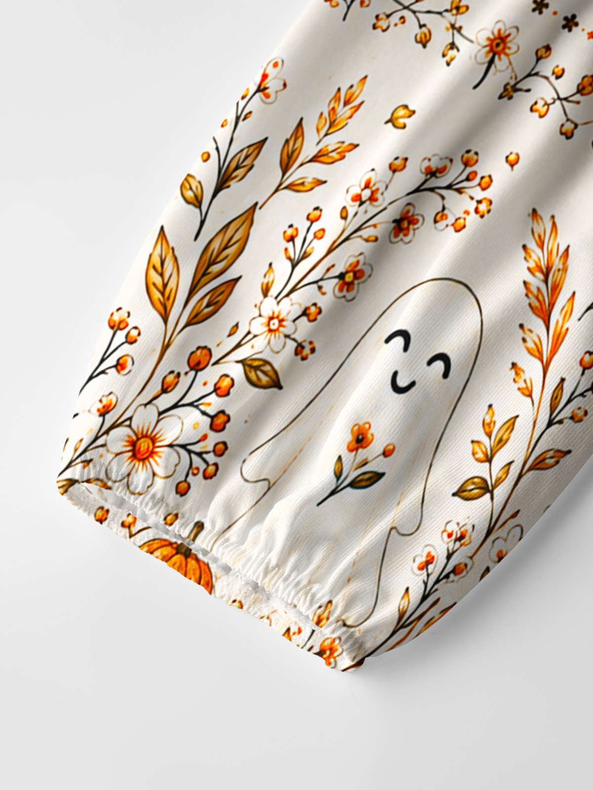 Pumpkin Ghost Cottage Print Boho Long Sleeve Tie‑Neck Blouse