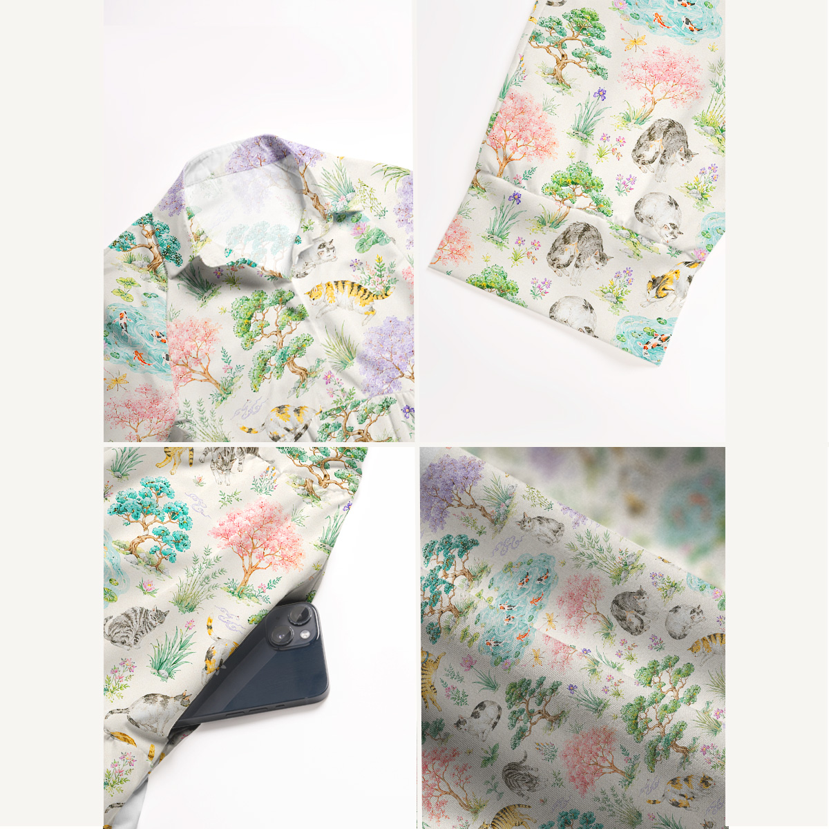 Cats in a Tranquil Garden Pond Scene Print Casual Midi Dress With Pockets