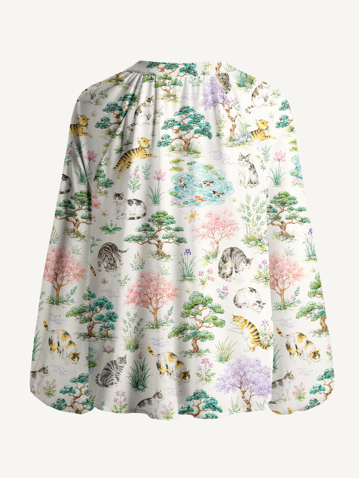 Cats in a Tranquil Garden Pond Scene Print Boho Long Sleeve Tie‑Neck Blouse