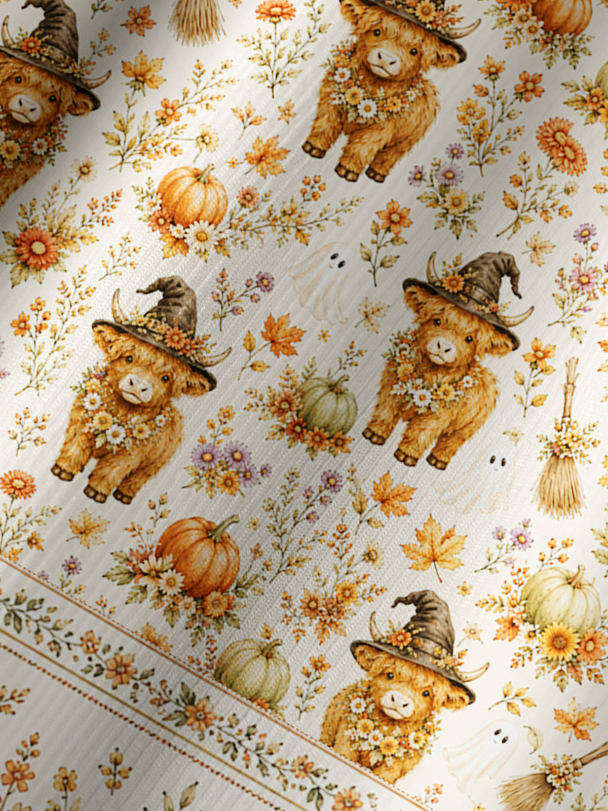 Autumn Pumpkin Patch Highland Cow Print Boho Long Sleeve Tie‑Neck Blouse