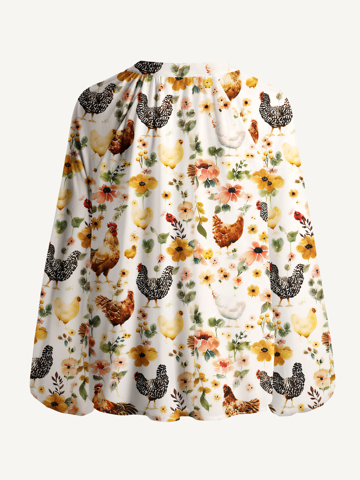 Watercolor Chicken Floral Print Boho Long Sleeve Tie‑Neck Blouse