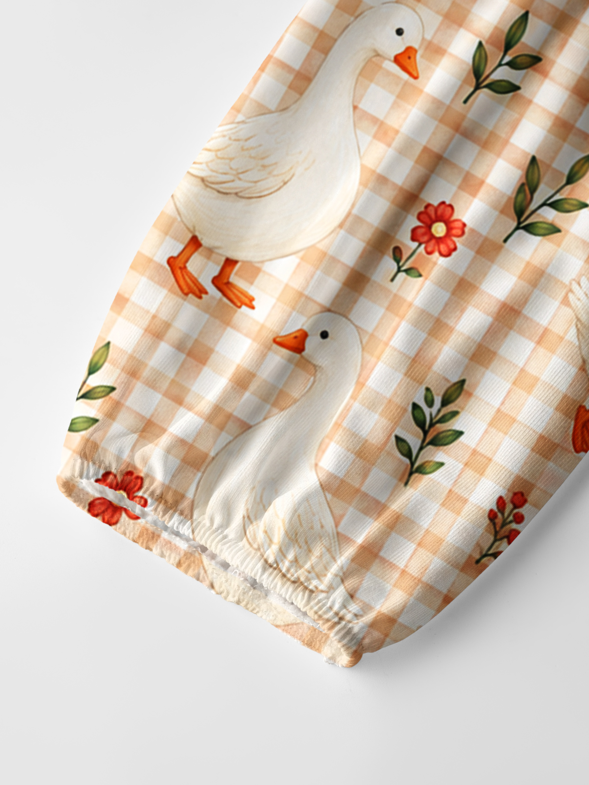 Country Gingham Garden GeesePrint Boho Long Sleeve Tie‑Neck Blouse