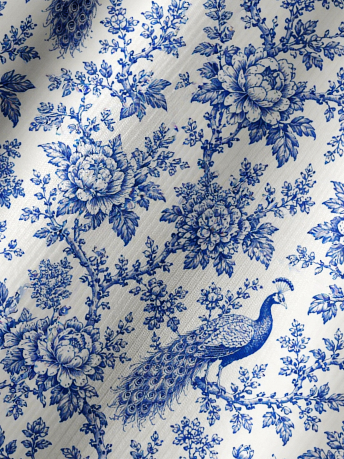 Blue Chinoiserie Peacock and Bloom Toile Print Boho Long Sleeve Tie‑Neck Blouse