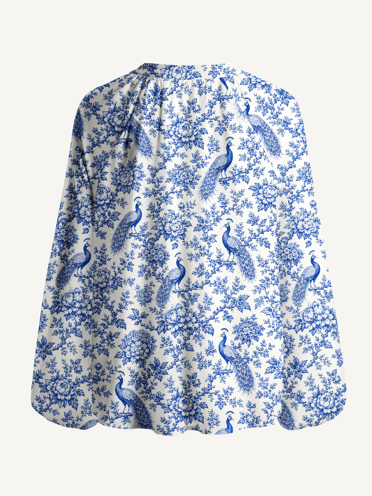 Blue Chinoiserie Peacock and Bloom Toile Print Boho Long Sleeve Tie‑Neck Blouse