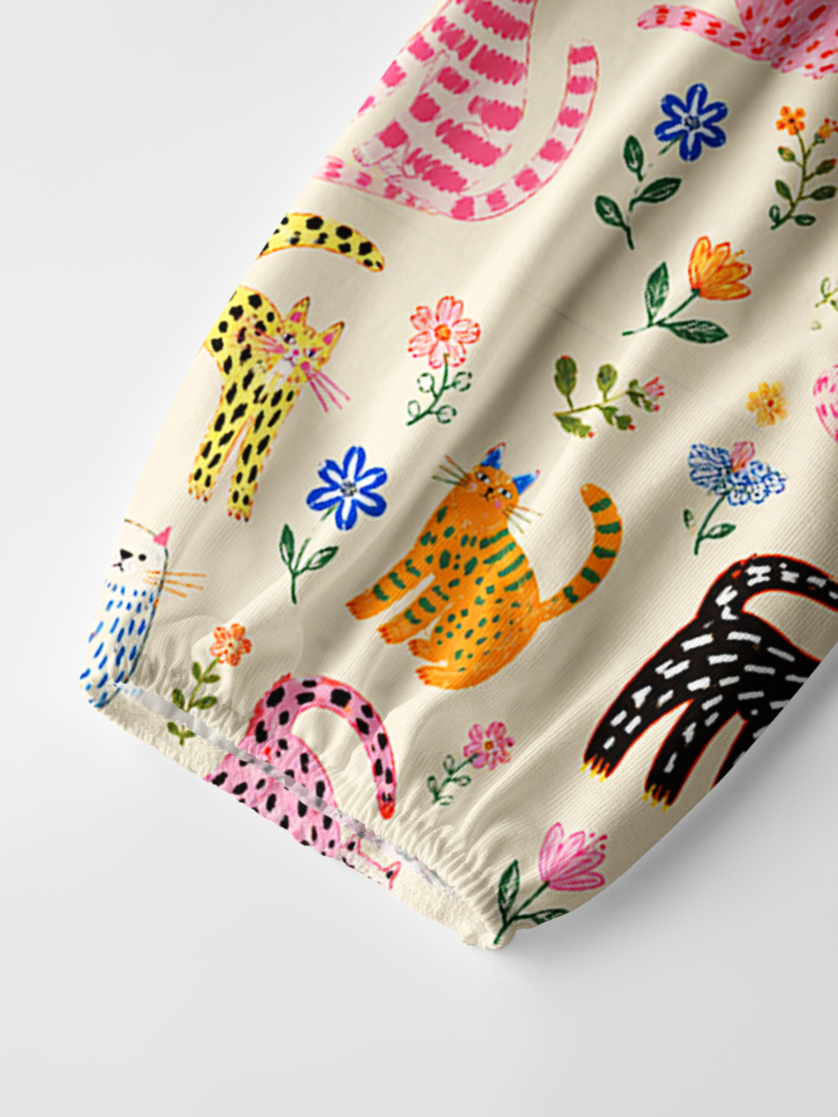 Colorful Whimsical Garden Cats Pattern Print Boho Long Sleeve Tie‑Neck Blouse